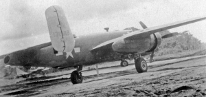 The rear view of a B-25 Mitchell bomber in WW2.